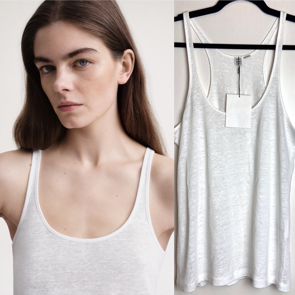 $140 Totême White Linen Scoop Tank Top